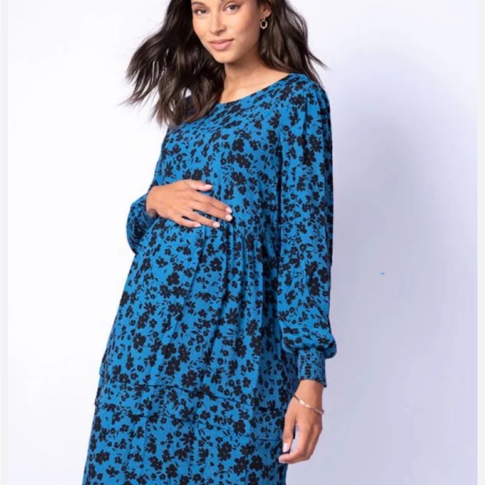 Seraphine Blue Floral Long Sleeve Maternity and Nursing Dress